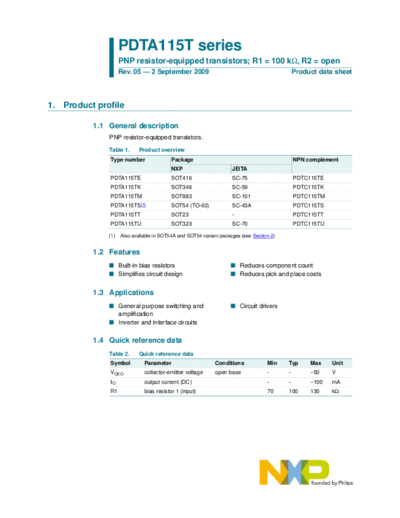 Philips pdta115t ser  . Electronic Components Datasheets Active components Transistors Philips pdta115t_ser.pdf