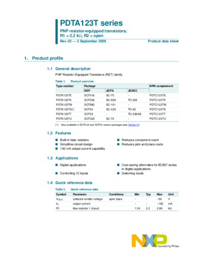 Philips pdta123t ser  . Electronic Components Datasheets Active components Transistors Philips pdta123t_ser.pdf