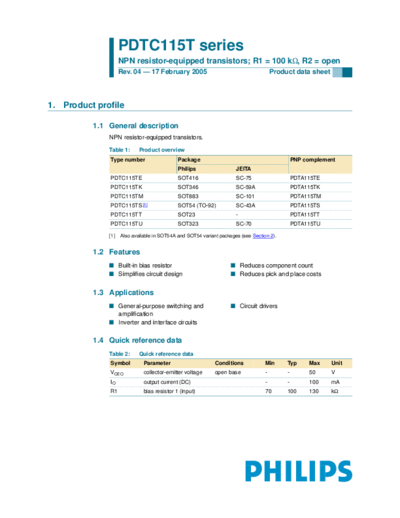 Philips pdtc115t ser  . Electronic Components Datasheets Active components Transistors Philips pdtc115t_ser.pdf