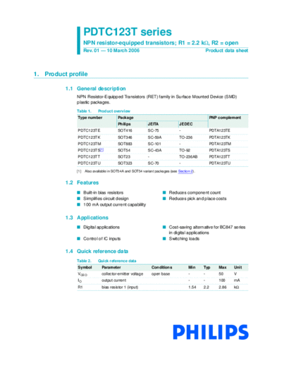 Philips pdtc123t ser  . Electronic Components Datasheets Active components Transistors Philips pdtc123t_ser.pdf