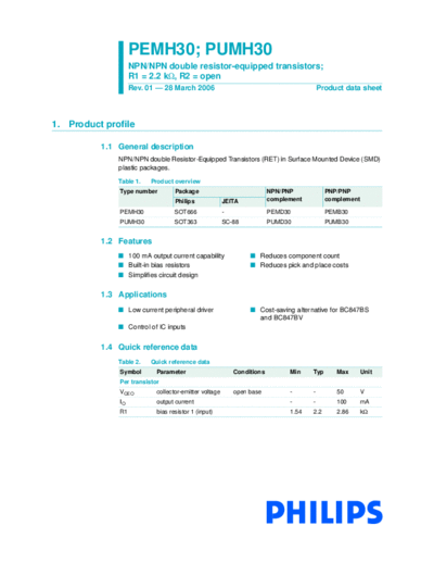 Philips pemh30 pumh30  . Electronic Components Datasheets Active components Transistors Philips pemh30_pumh30.pdf