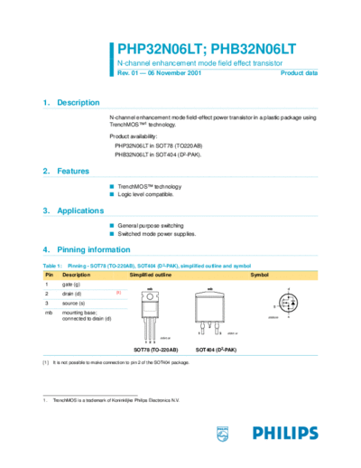 Philips php32n06lt phb32n06lt  . Electronic Components Datasheets Active components Transistors Philips php32n06lt_phb32n06lt.pdf