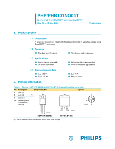 Philips php101nq04t phb101nq04t  . Electronic Components Datasheets Active components Transistors Philips php101nq04t_phb101nq04t.pdf