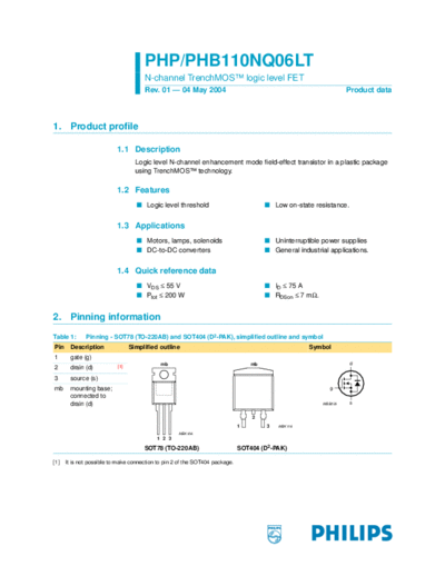 Philips php110nq06lt phb110nq06lt  . Electronic Components Datasheets Active components Transistors Philips php110nq06lt_phb110nq06lt.pdf