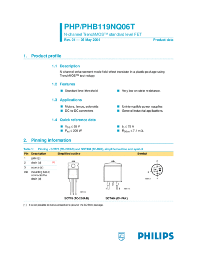 Philips php119nq06t phb119nq06t  . Electronic Components Datasheets Active components Transistors Philips php119nq06t_phb119nq06t.pdf