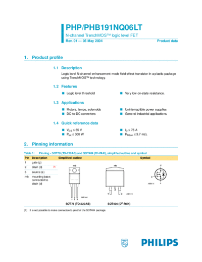 Philips php191nq06lt phb191nq06lt  . Electronic Components Datasheets Active components Transistors Philips php191nq06lt_phb191nq06lt.pdf