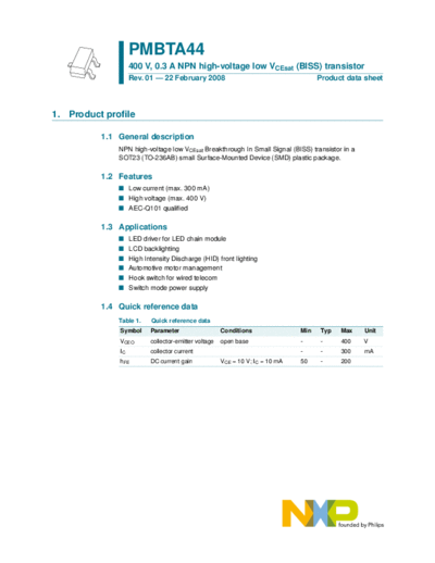 Philips pmbta44  . Electronic Components Datasheets Active components Transistors Philips pmbta44.pdf