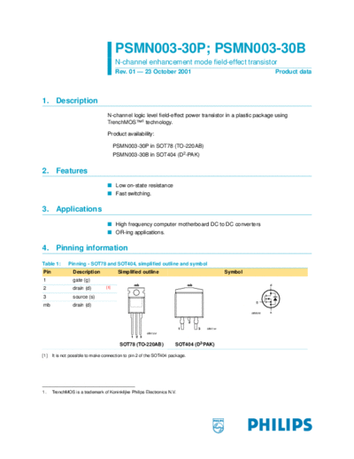 Philips psmn003 30p-b  . Electronic Components Datasheets Active components Transistors Philips psmn003_30p-b.pdf