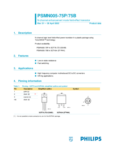 Philips psmn005 75p 75b  . Electronic Components Datasheets Active components Transistors Philips psmn005_75p_75b.pdf