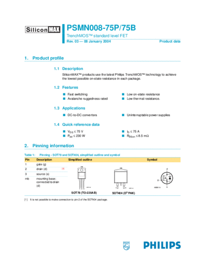 Philips psmn008 75p 75b  . Electronic Components Datasheets Active components Transistors Philips psmn008_75p_75b.pdf