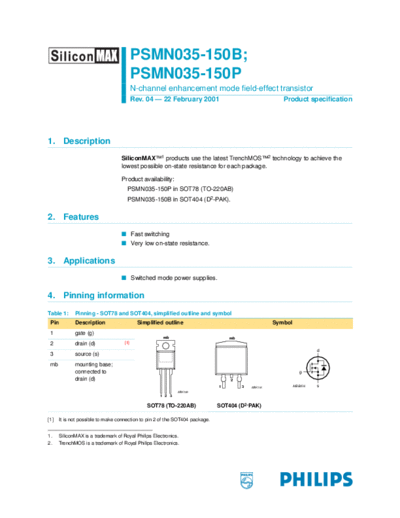 Philips psmn035 150 series  . Electronic Components Datasheets Active components Transistors Philips psmn035_150_series.pdf