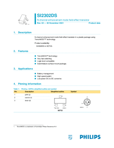 Philips si2302ds  . Electronic Components Datasheets Active components Transistors Philips si2302ds.pdf