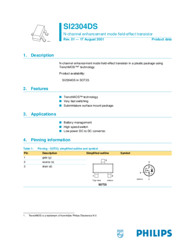 Philips si2304ds  . Electronic Components Datasheets Active components Transistors Philips si2304ds.pdf