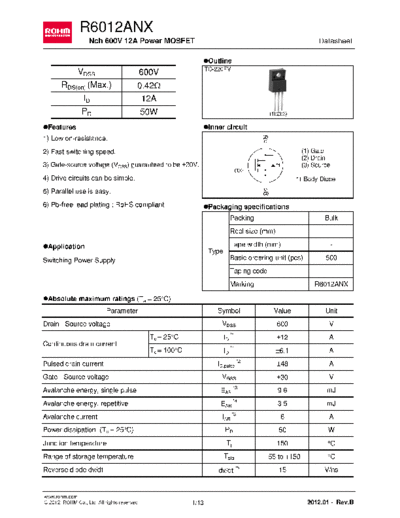 Rohm r6012anx  . Electronic Components Datasheets Active components Transistors Rohm r6012anx.pdf
