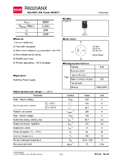 Rohm r6020anx  . Electronic Components Datasheets Active components Transistors Rohm r6020anx.pdf