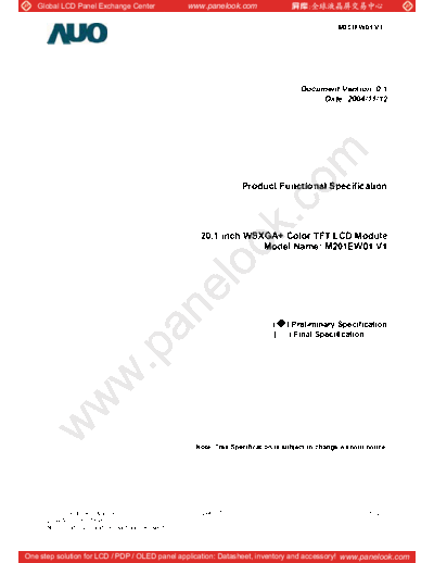 . Various Panel AUO M201EW01 V1 0 [DS]  . Various LCD Panels Panel_AUO_M201EW01_V1_0_[DS].pdf