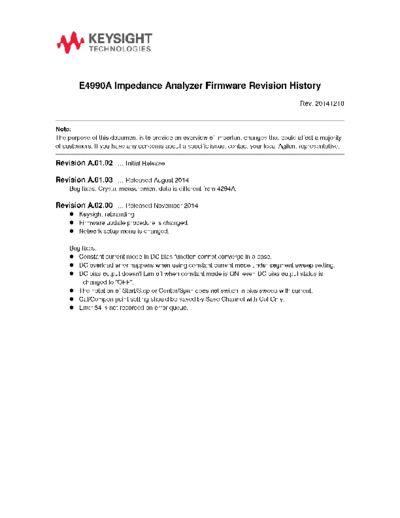 Agilent E4990A Application Software Revision History FirmwareRevisionHistory E4990A c20141211 [1]  Agilent E4990A Application Software Revision History FirmwareRevisionHistory_E4990A c20141211 [1].pdf