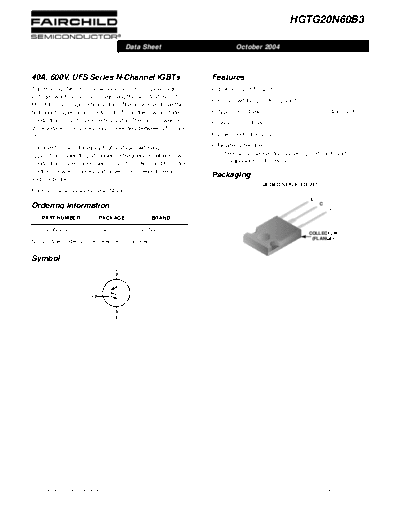 Fairchild Semiconductor hgtg20n60b3  . Electronic Components Datasheets Active components Transistors Fairchild Semiconductor hgtg20n60b3.pdf