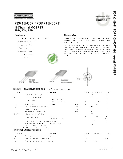 Fairchild Semiconductor fdp13n50f fdpf13n50ft  . Electronic Components Datasheets Active components Transistors Fairchild Semiconductor fdp13n50f_fdpf13n50ft.pdf