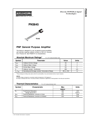 Fairchild Semiconductor pn3645  . Electronic Components Datasheets Active components Transistors Fairchild Semiconductor pn3645.pdf