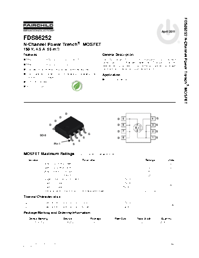 Fairchild Semiconductor fds86252  . Electronic Components Datasheets Active components Transistors Fairchild Semiconductor fds86252.pdf