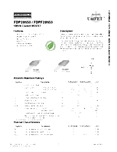 Fairchild Semiconductor fdp20n50 fdpf20n50  . Electronic Components Datasheets Active components Transistors Fairchild Semiconductor fdp20n50_fdpf20n50.pdf