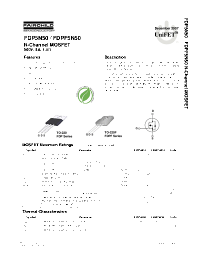 Fairchild Semiconductor fdp5n50 fdpf5n50  . Electronic Components Datasheets Active components Transistors Fairchild Semiconductor fdp5n50_fdpf5n50.pdf