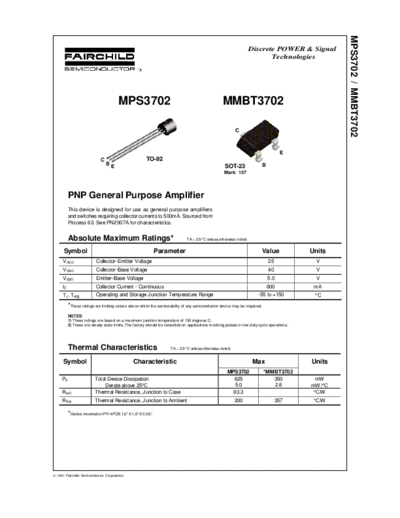 Fairchild Semiconductor mmbt3702 mps3702  . Electronic Components Datasheets Active components Transistors Fairchild Semiconductor mmbt3702_mps3702.pdf