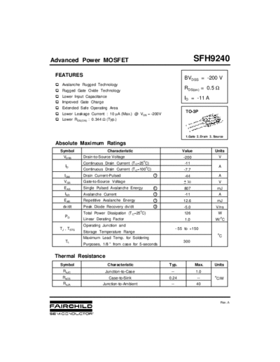 Fairchild Semiconductor sfh9240  . Electronic Components Datasheets Active components Transistors Fairchild Semiconductor sfh9240.pdf