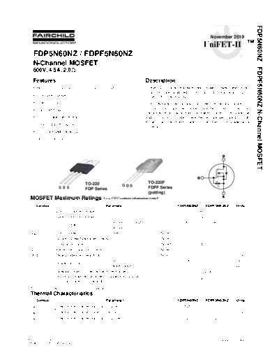 Fairchild Semiconductor fdp5n60nz fdpf5n60nz  . Electronic Components Datasheets Active components Transistors Fairchild Semiconductor fdp5n60nz_fdpf5n60nz.pdf