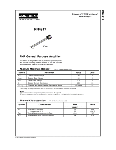 Fairchild Semiconductor pn4917  . Electronic Components Datasheets Active components Transistors Fairchild Semiconductor pn4917.pdf