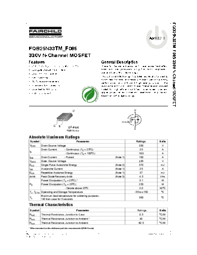 Fairchild Semiconductor fqb25n33tm f085  . Electronic Components Datasheets Active components Transistors Fairchild Semiconductor fqb25n33tm_f085.pdf