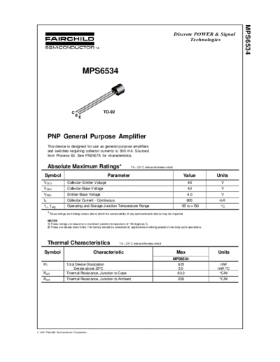 Fairchild Semiconductor mps6534  . Electronic Components Datasheets Active components Transistors Fairchild Semiconductor mps6534.pdf