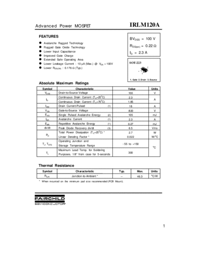 Fairchild Semiconductor irlm120a  . Electronic Components Datasheets Active components Transistors Fairchild Semiconductor irlm120a.pdf