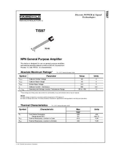 Fairchild Semiconductor tis97  . Electronic Components Datasheets Active components Transistors Fairchild Semiconductor tis97.pdf
