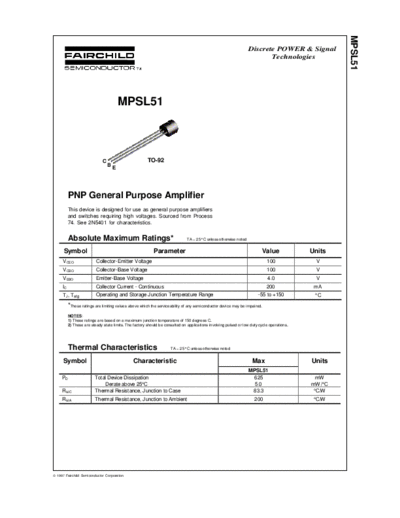 Fairchild Semiconductor mpsl51  . Electronic Components Datasheets Active components Transistors Fairchild Semiconductor mpsl51.pdf