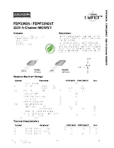 Fairchild Semiconductor fdp33n25 fdpf33n25t  . Electronic Components Datasheets Active components Transistors Fairchild Semiconductor fdp33n25_fdpf33n25t.pdf