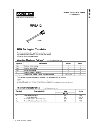 Fairchild Semiconductor mpsa12  . Electronic Components Datasheets Active components Transistors Fairchild Semiconductor mpsa12.pdf