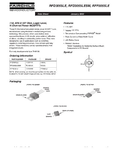 Fairchild Semiconductor rfd3055le rfd3055lesm rfp3055le  . Electronic Components Datasheets Active components Transistors Fairchild Semiconductor rfd3055le_rfd3055lesm_rfp3055le.pdf