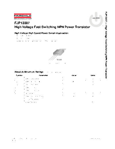 Fairchild Semiconductor fjp13007  . Electronic Components Datasheets Active components Transistors Fairchild Semiconductor fjp13007.pdf