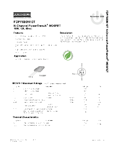 Fairchild Semiconductor fdpf680n10t  . Electronic Components Datasheets Active components Transistors Fairchild Semiconductor fdpf680n10t.pdf