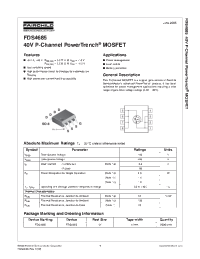 Fairchild Semiconductor fds4685  . Electronic Components Datasheets Active components Transistors Fairchild Semiconductor fds4685.pdf