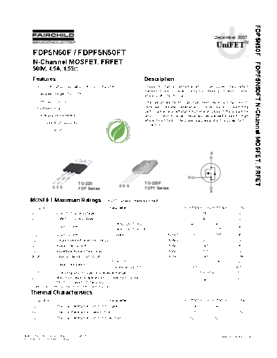 Fairchild Semiconductor fdp5n50f fdpf5n50ft  . Electronic Components Datasheets Active components Transistors Fairchild Semiconductor fdp5n50f_fdpf5n50ft.pdf