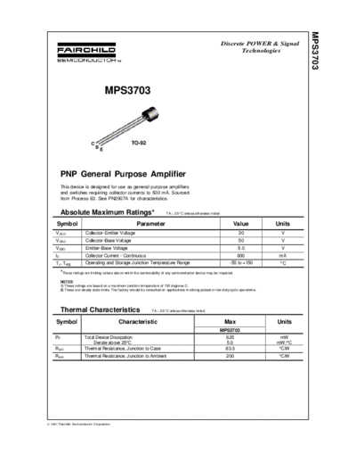 Fairchild Semiconductor mps3703  . Electronic Components Datasheets Active components Transistors Fairchild Semiconductor mps3703.pdf