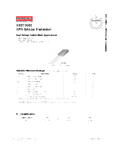 Fairchild Semiconductor kse13003  . Electronic Components Datasheets Active components Transistors Fairchild Semiconductor kse13003.pdf