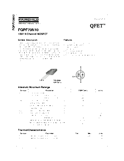 Fairchild Semiconductor fqpf70n10  . Electronic Components Datasheets Active components Transistors Fairchild Semiconductor fqpf70n10.pdf