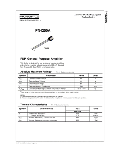 Fairchild Semiconductor pn4250a  . Electronic Components Datasheets Active components Transistors Fairchild Semiconductor pn4250a.pdf