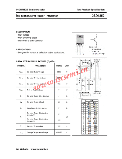 Inchange Semiconductor 2sd1850  . Electronic Components Datasheets Active components Transistors Inchange Semiconductor 2sd1850.pdf