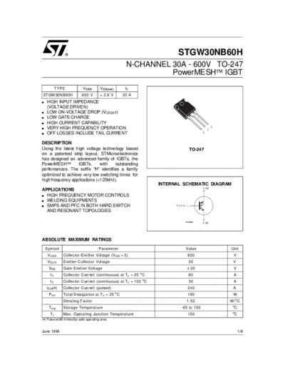 ST gw30nb60h  . Electronic Components Datasheets Active components Transistors ST stgw30nb60h.pdf