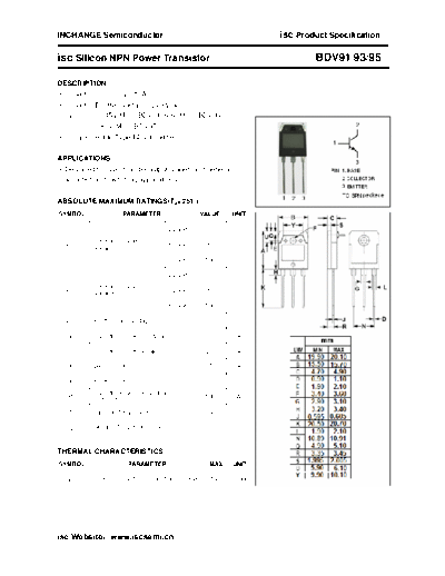 Inchange Semiconductor bdv91 93 95  . Electronic Components Datasheets Active components Transistors Inchange Semiconductor bdv91_93_95.pdf